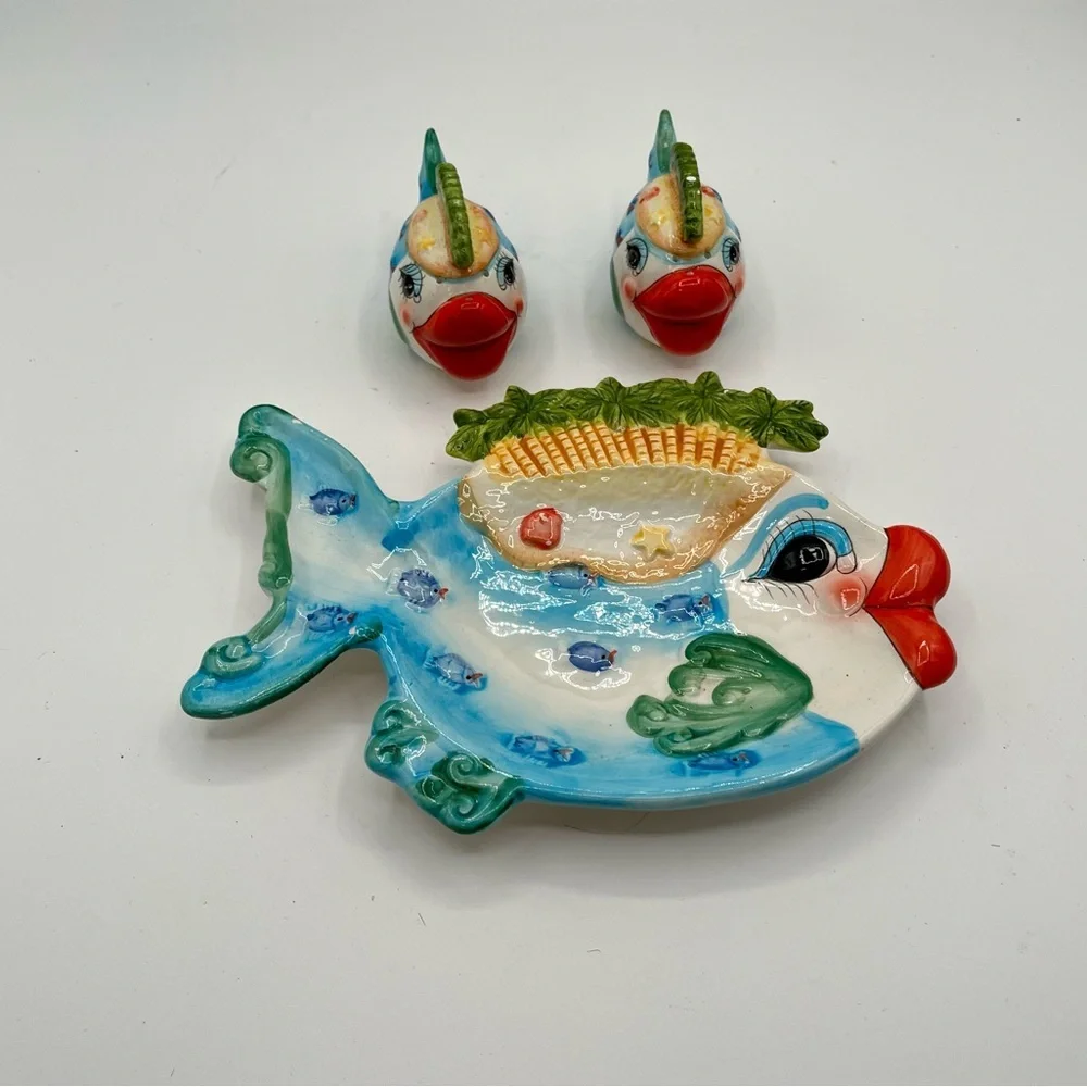 Colorful Ceramic Fish Decor with salt and pepper shakers